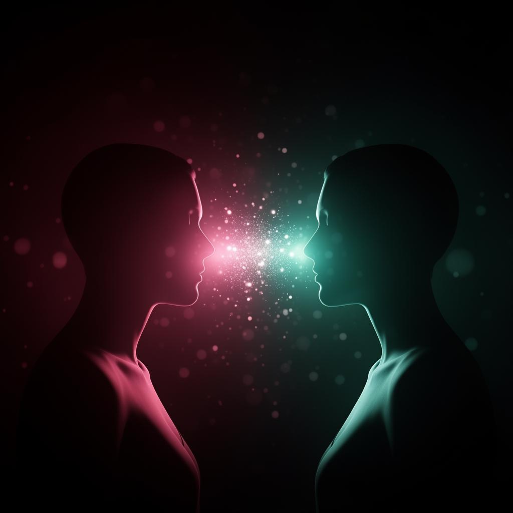 Two glowing silhouettes sharing a spark of connection